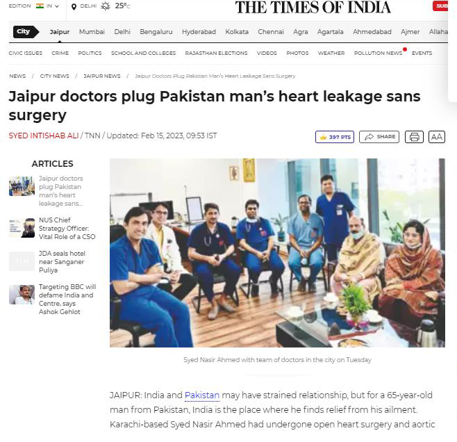 Jaipur doctors plug Pakistan man's heart leakage sans surgery